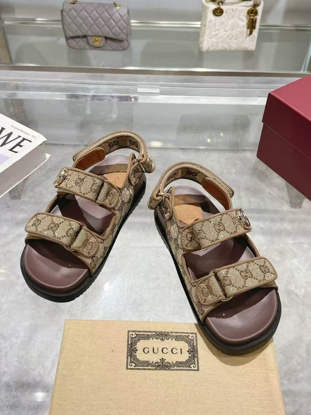 Gucci GG Supreme CanvasDouble Strap Slide Sandals